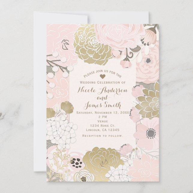 Invitación Boda de oro rosa rosado moderno con flores (Anverso)