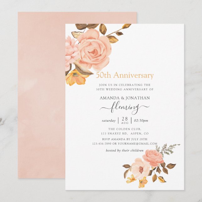 Invitación Boda de Oro: Rosa y Dorado Flores 50 Aniversario d (Anverso / Reverso)