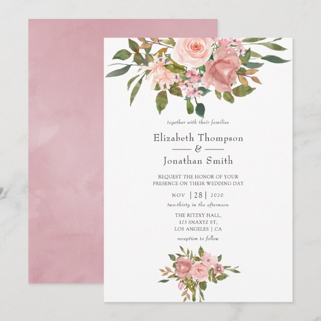 Invitación Boda de oro rosa y Rosa de Rubor (Anverso / Reverso)