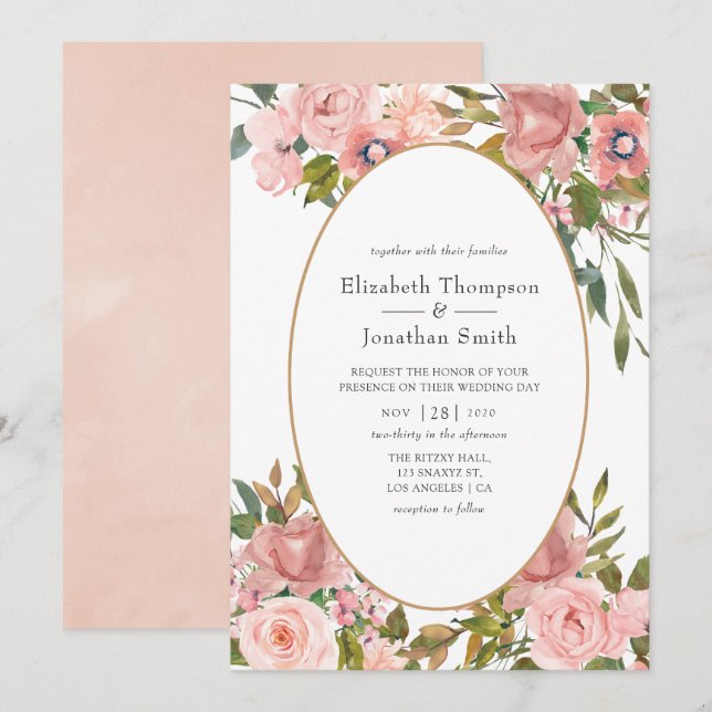 Invitación Boda de oro rosa y Rosa de Rubor (Anverso / Reverso)