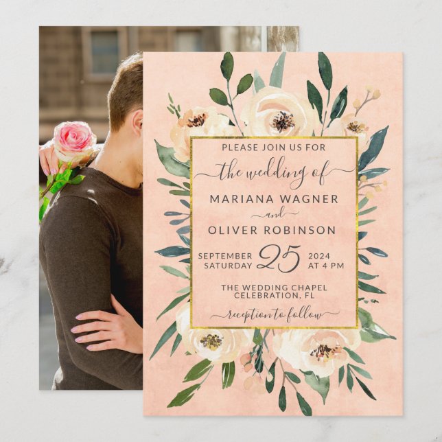 Invitación Boda de oro rosado floral Beige (Anverso / Reverso)
