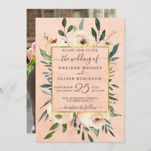 Invitación Boda de oro rosado floral Beige