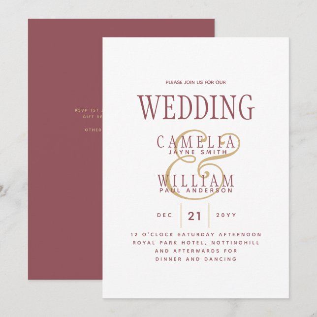 Invitación Boda de oro rosado Rosa moderno (Anverso / Reverso)