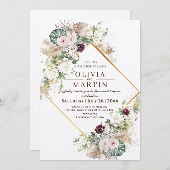 Invitación Boda de oro ruso Rosa de Borgoña (Anverso / Reverso)