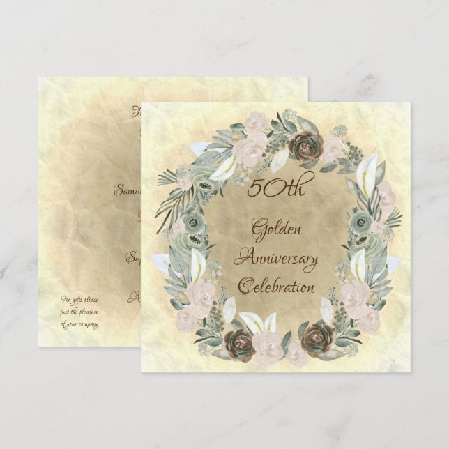 Invitación Boda de Oro Salvia Verde Flores Acuarela (Anverso / Reverso)