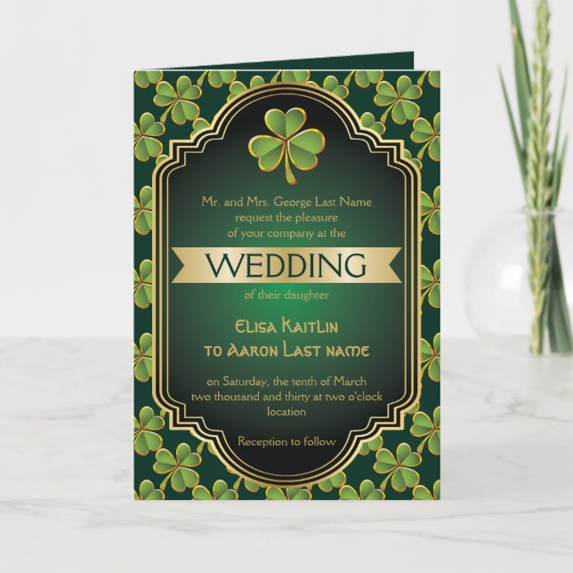 Invitación Boda de oro, trébol y armazón irlandeses verdes (Anverso)