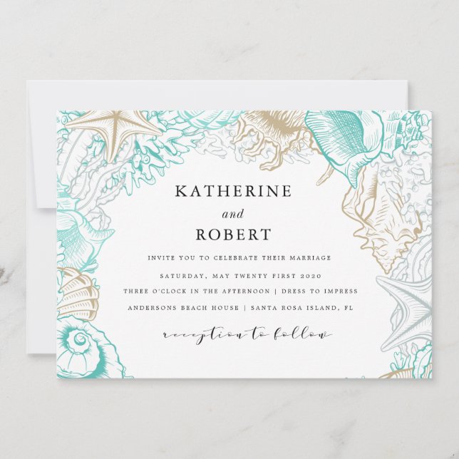 Invitación boda de oro turquesa costero (Anverso)