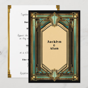 Invitación Boda de oro turquesa negro Art Deco