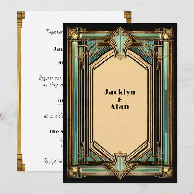 Invitación Boda de oro turquesa negro Art Deco (Anverso / Reverso)