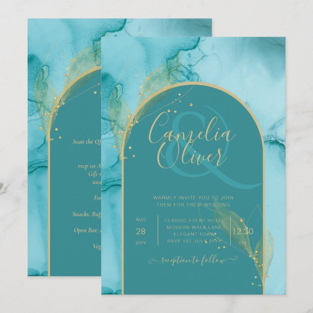 Invitación Boda de oro Verde azulado de Ocean Turquoise (Anverso / Reverso)