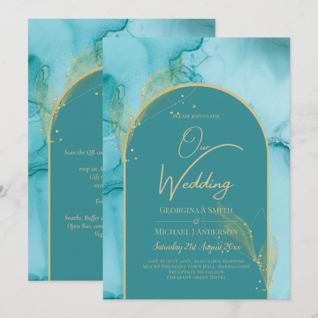 Invitación Boda de oro Verde azulado de Ocean Turquoise (Anverso / Reverso)