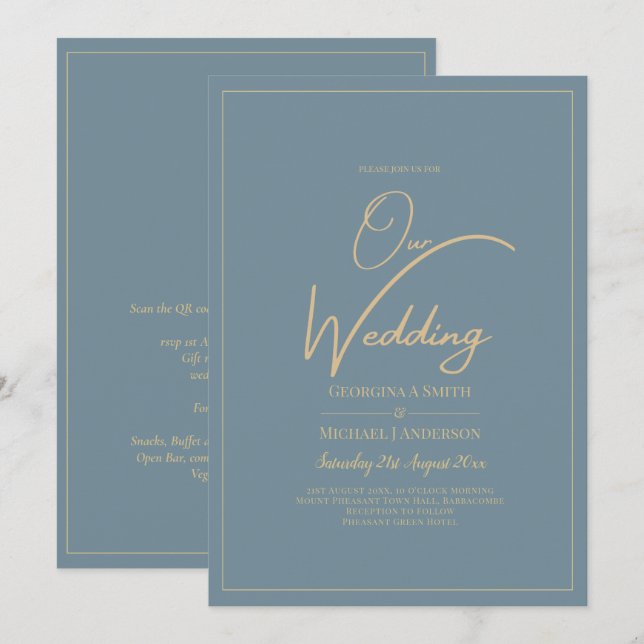 Invitación Boda de oro Verde azulado de vidrio marino todo en (Anverso / Reverso)