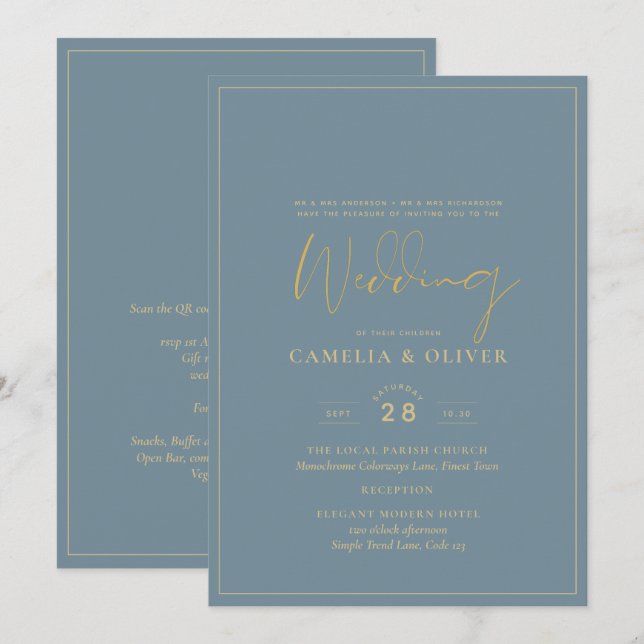 Invitación Boda de oro Verde azulado de vidrio marino todo en (Anverso / Reverso)