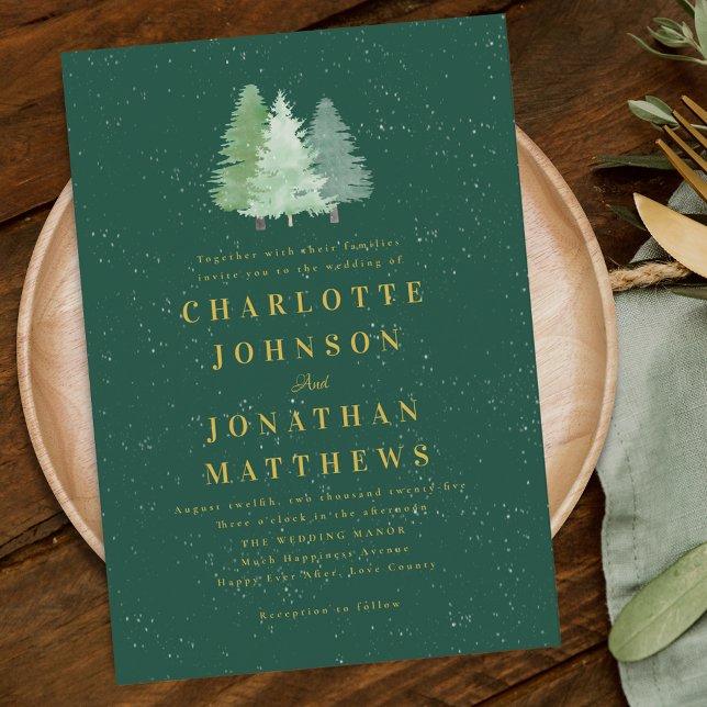 Invitación Boda de oro verde del bosque de Woodland moderno (Modern woodland watercolor forest winter green and gold wedding invitation elegant )