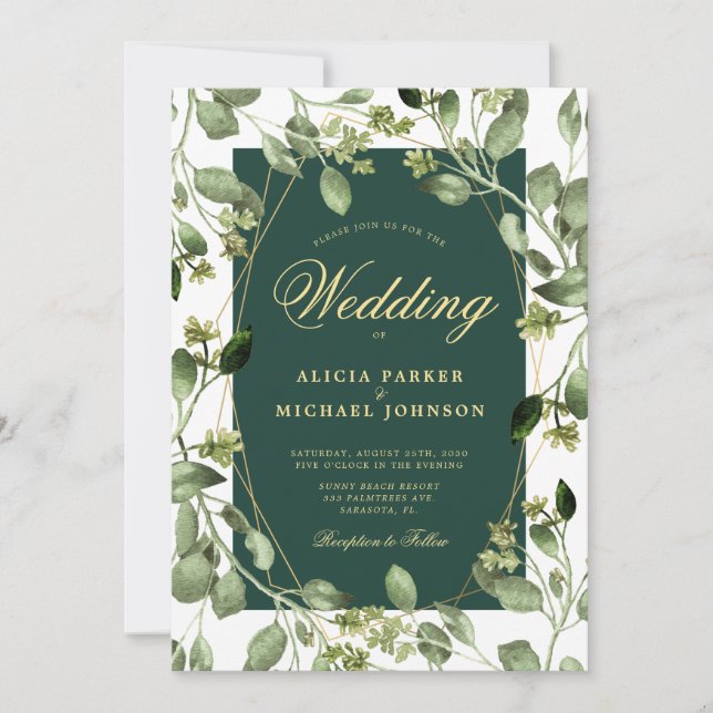 Invitación Boda de oro verde esmeralda de eucalipto (Anverso)