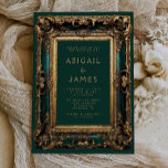Invitación Boda de oro verde esmeralda de marco ornado vintag<br><div class="desc">Esta elegante invitación a la boda incluye un adornado marco verde esmeralda y dorado. Personalizar el texto de color dorado con sus nombres y detalles de boda. La parte posterior de la tarjeta es verde esmeralda sólido.</div>