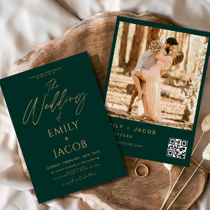 Invitación Boda de oro verde esmeralda, foto de código QR