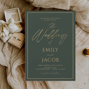 Invitación Boda de oro verde esmeralda guión moderno