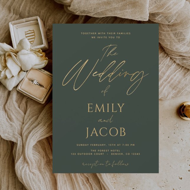 Invitación Boda de oro verde esmeralda guión moderno (Subido por el creador)