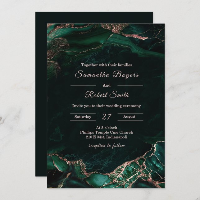 Invitación Boda de oro verde esmeralda y Rosa (Anverso / Reverso)