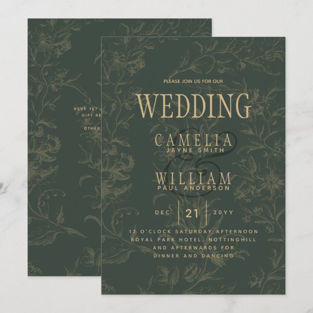 Invitación Boda de oro verde OLIVO BOTÁNICO moderno (Anverso / Reverso)