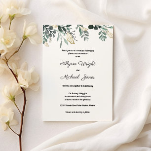 Invitación Boda de oro verde oscuro botánico hojas de campo B