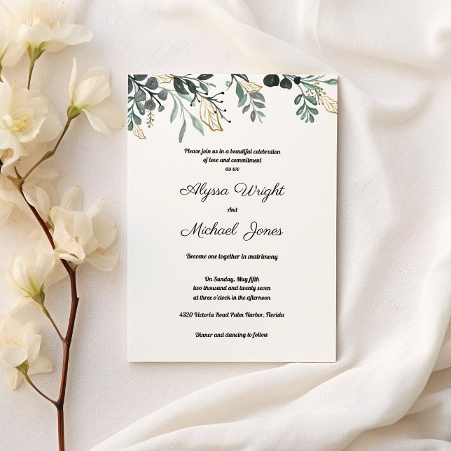 Invitación Boda de oro verde oscuro botánico hojas de campo B (Botanic dark green gold leaves country Wedding )
