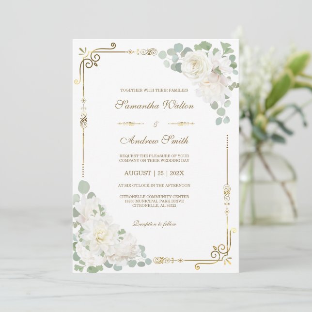 Invitación Boda de Oro Verde Rosa Blanca (Anverso de pie)