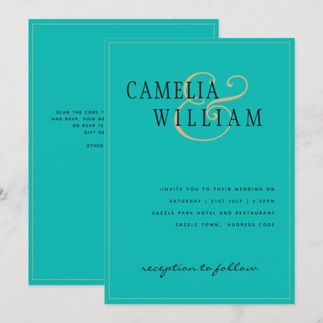 Invitación Boda de oro verde Verde azulado de vidrio marino c (Anverso / Reverso)