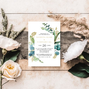 Invitación Boda de Oro Vintage y Eucalipto Verde