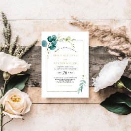 Invitación Boda de Oro Vintage y Eucalipto Verde