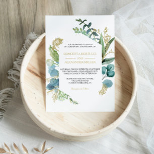 Invitación Boda de Oro Vintage y Eucalipto Verde
