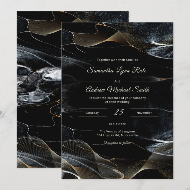 Invitación Boda de oro y blanco negro personalizado (Anverso / Reverso)