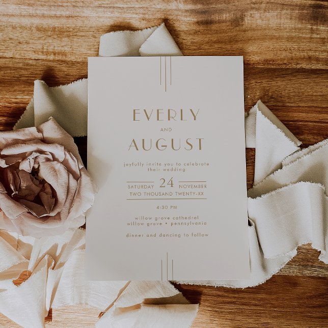 Invitación BODA de oro y crema Art Deco de época (EVERLY Vintage Art Deco Cream and Gold Wedding Invitation)
