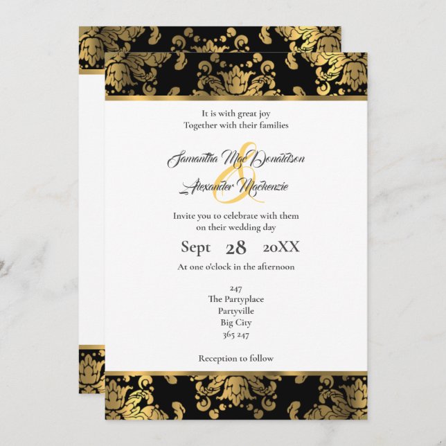 Invitación Boda de oro y damasco negro (Anverso / Reverso)