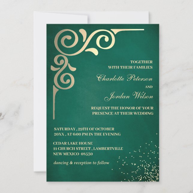 Invitación Boda De Oro Y Ecología De Esmeralda De Lujo (Anverso)