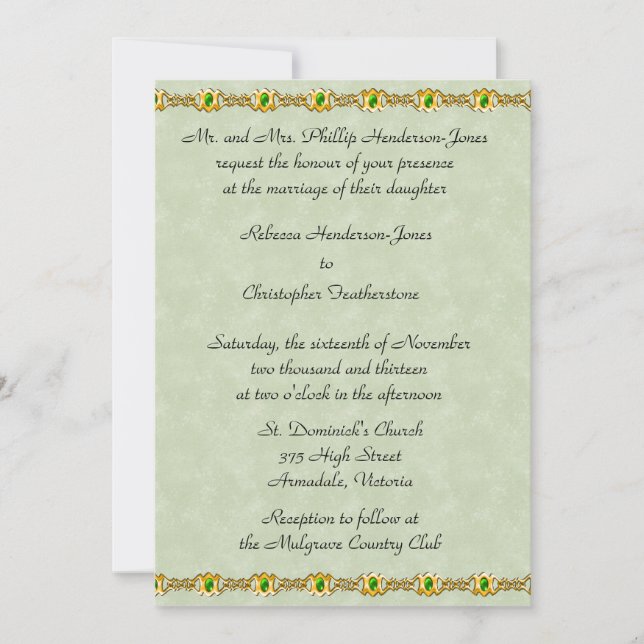 Invitación Boda de oro y joyas de esmeralda (Anverso)