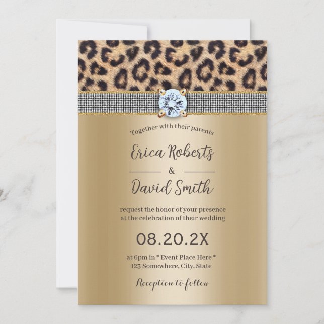 Invitación Boda de oro y leopardo del cinturón de diamantes p (Anverso)