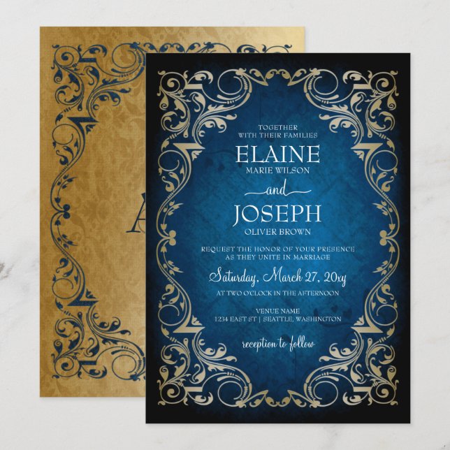 Invitación Boda de Oro y Marina Rustica Elegante (Anverso / Reverso)