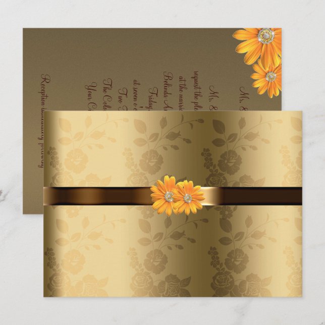 Invitación Boda de oro y marrón chocolate, flores amarillas (Anverso / Reverso)