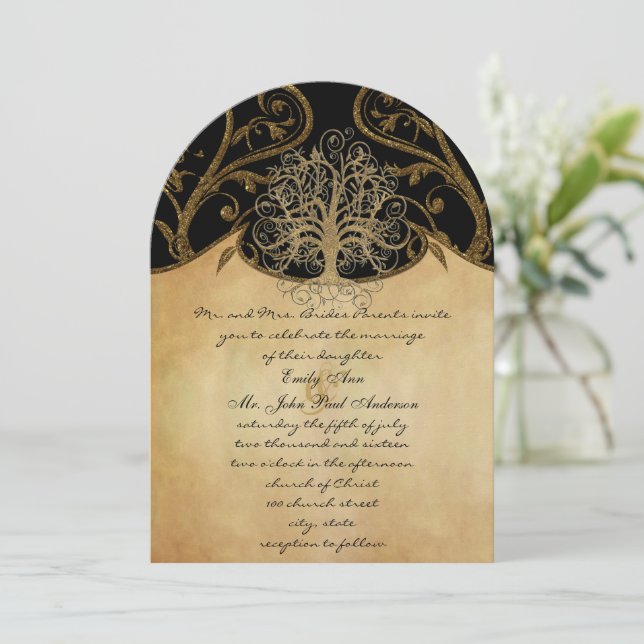 Invitación Boda de oro y metal negro del árbol giratorio dora (Anverso de pie)