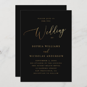 Invitación Boda de oro y negro Elegante guión clásico