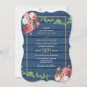 Invitación Boda de oro y rosas rosadas de vintage de madera a