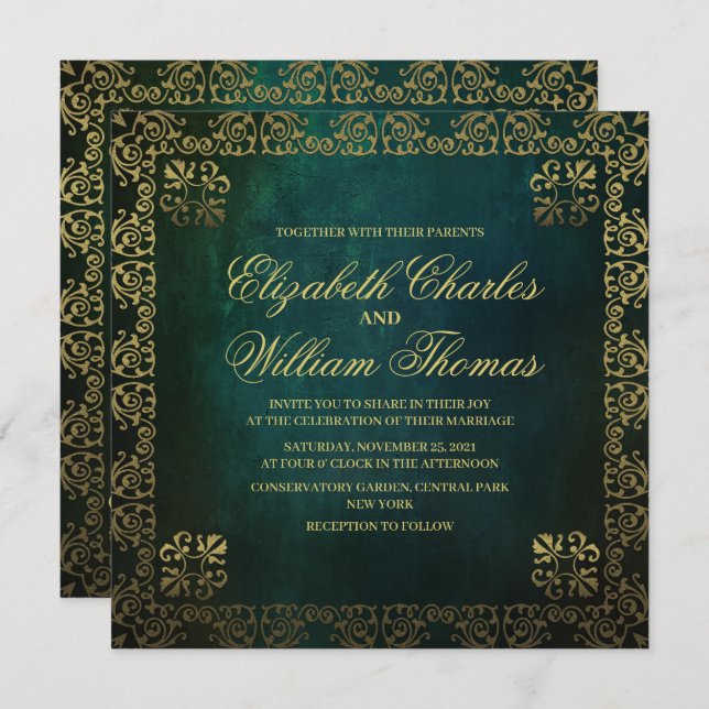 Invitación Boda de oro y verde texturizado tradicional (Anverso / Reverso)
