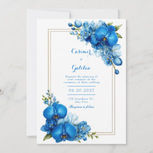 Invitación Boda de Orquídea Botánica Dorada Azul Real