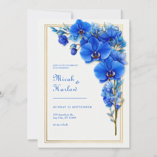 Invitación Boda de Orquídea Dorada Azul Real (Anverso)