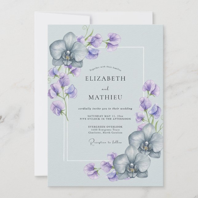 Invitación Boda de orquídea elegante azul claro (Anverso)