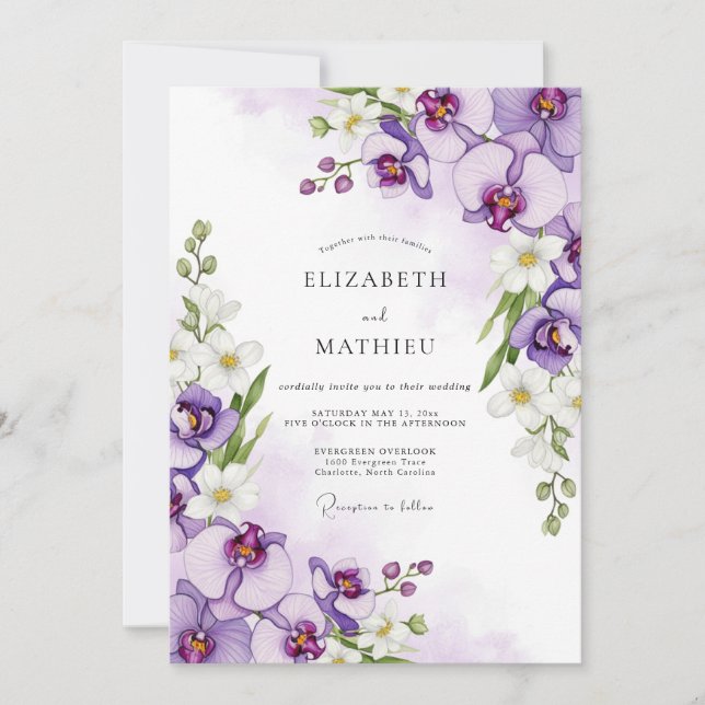 Invitación Boda de orquídea floreciente púrpura (Anverso)