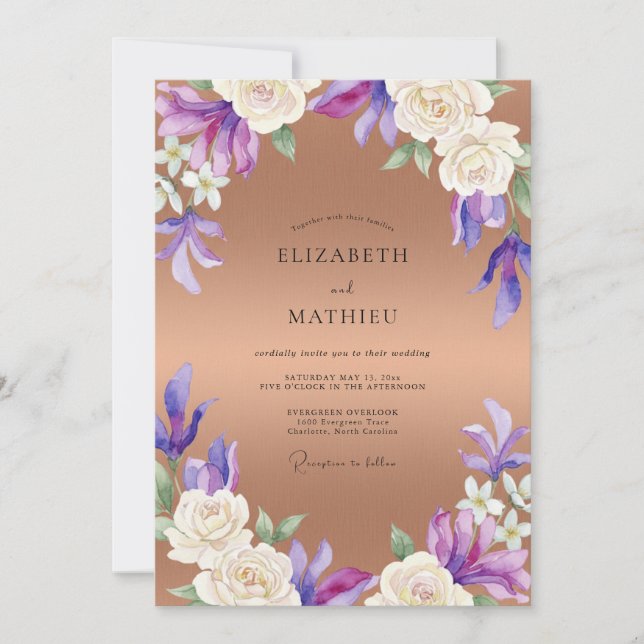 Invitación Boda de Orquídea Lavanda Cobre (Anverso)