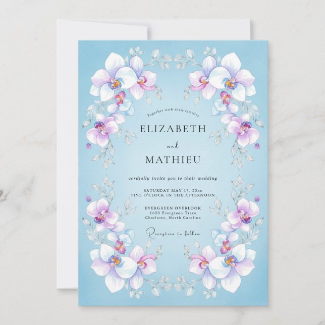 Invitación Boda de orquídea lila celeste (Anverso)